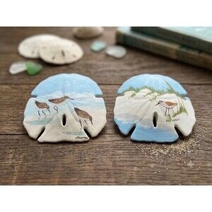 Hand Painted Sand Dollar Signed By Artist Beach Ocean Birds Scene Lot Of 2